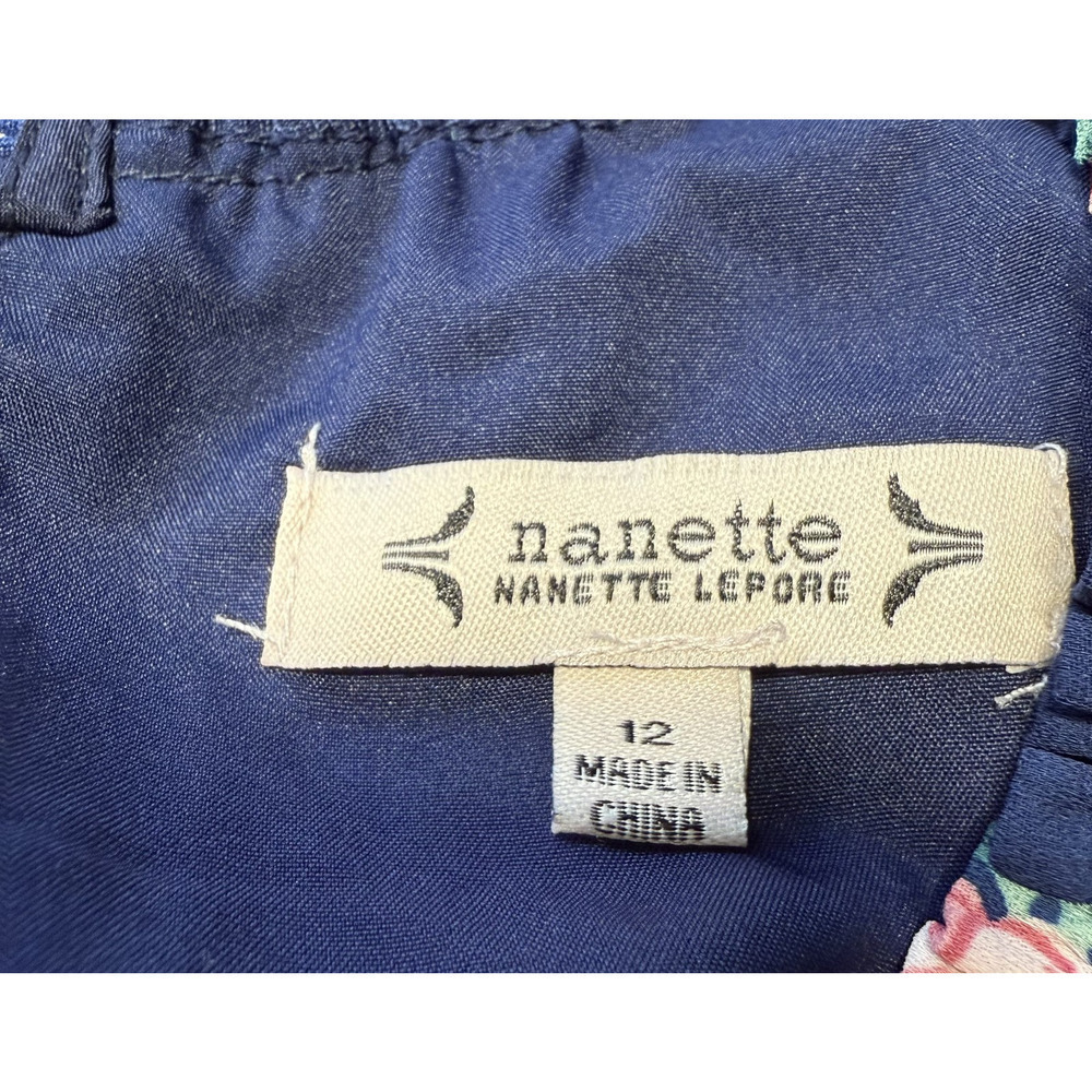 Nanette Lepore Cocktail Dress Navy Pink Floral Pleated Smocked Waist Size 12 - Picture 7 of 9